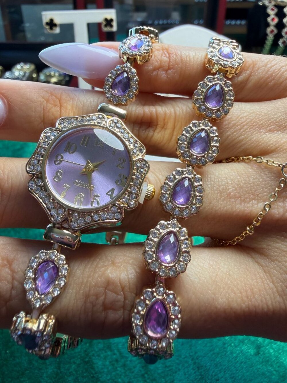 Gold Tone Rhinestone Bracelet Watch Purple Teardrop Stones + Hand Chain Bracelet